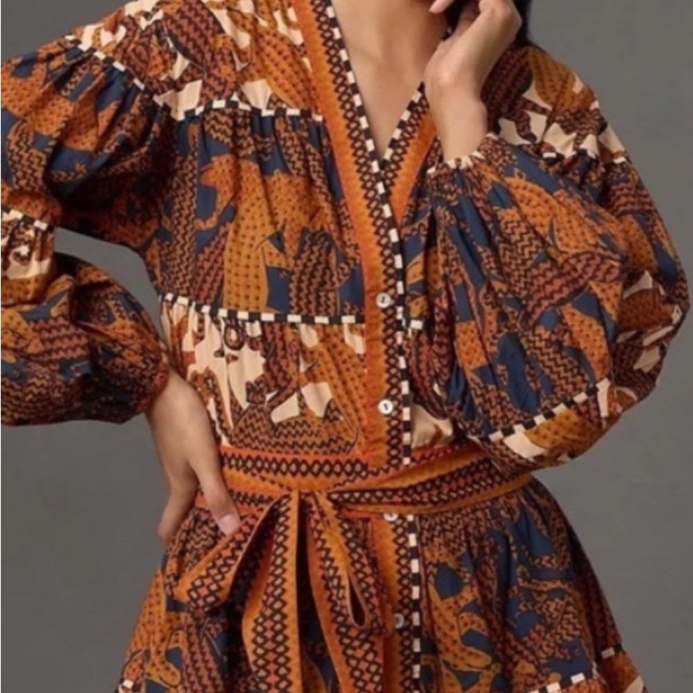 Anthropologie FARM RIO Multicolor Patterned Dress tigers rust navy M cotton mini
